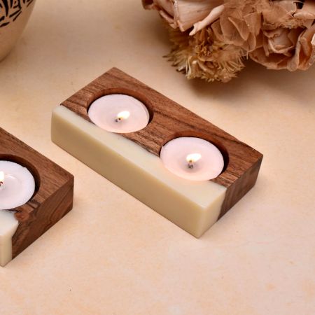 Wood Tea-light Holder with a White Resin Finish - 2 Piece